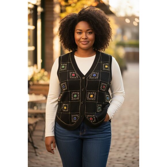 Victoria Jones Black Knit Vest Size M Multicolor Rhinestone Sweater Vintage - Picture 8 of 8